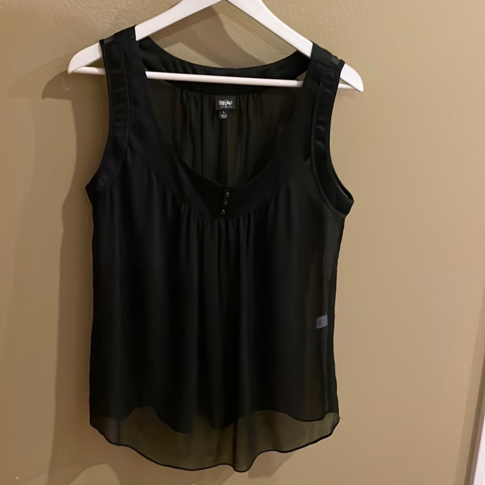 Sheer black top with satin neck & arm trim 3 button trim